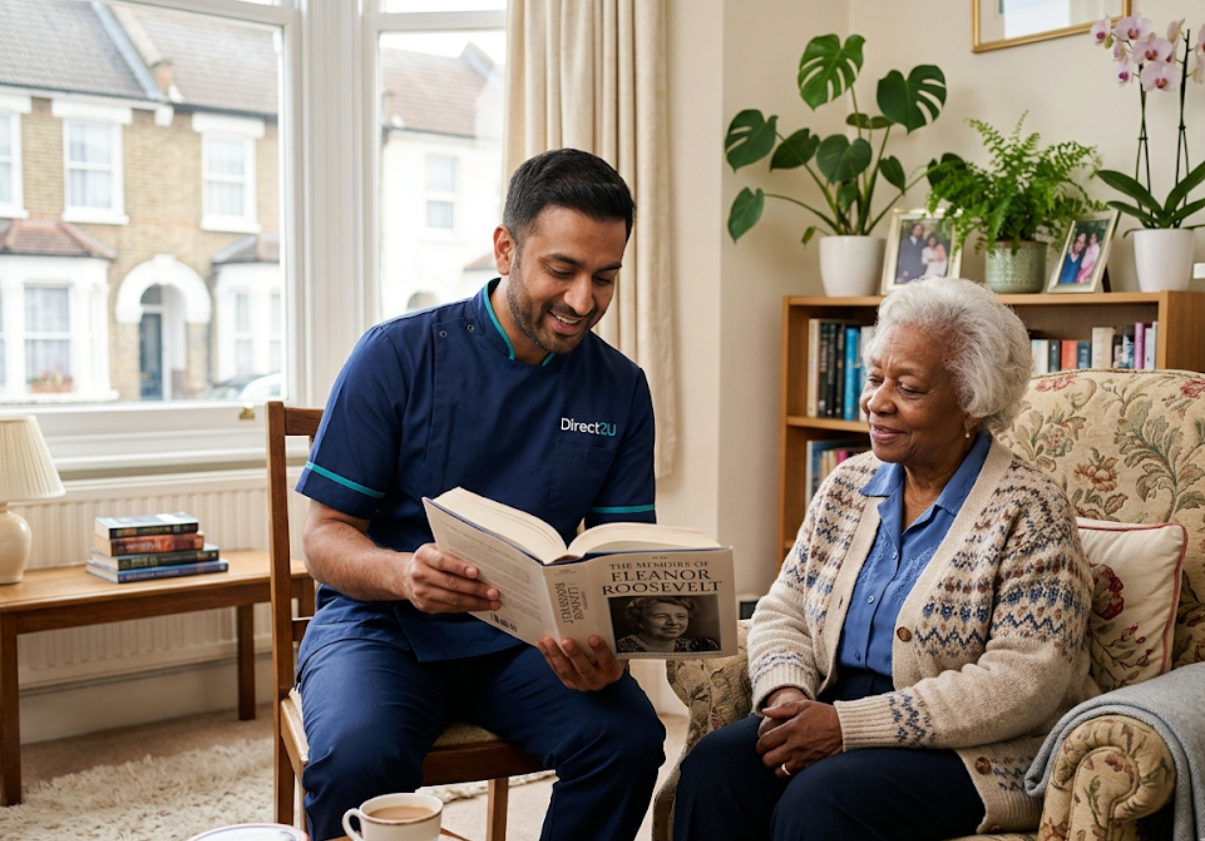 Direct2U respite carer reading with an elderly client at home in North London